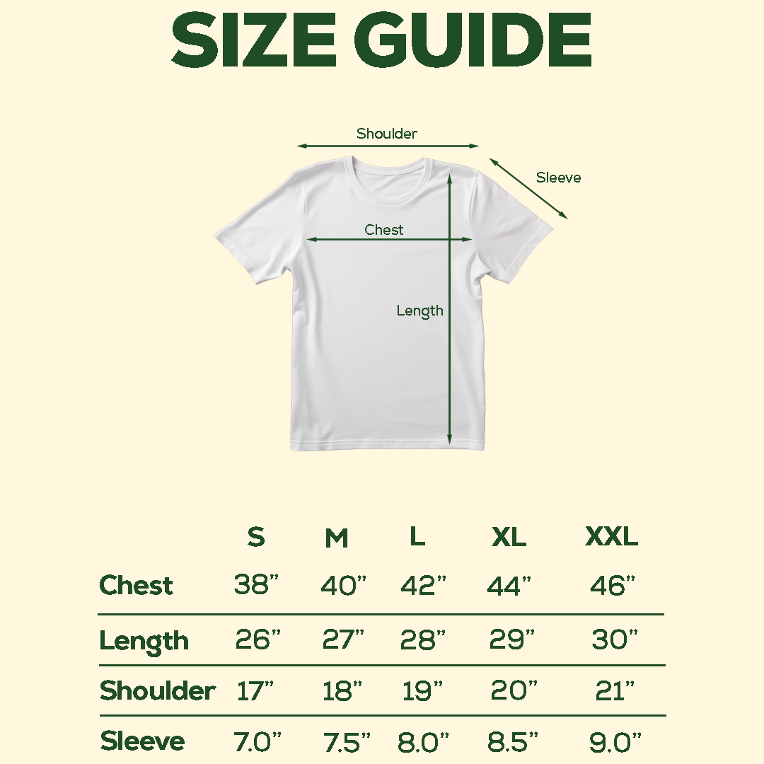 Size guide for a white t-shirt with measurements on a beige background