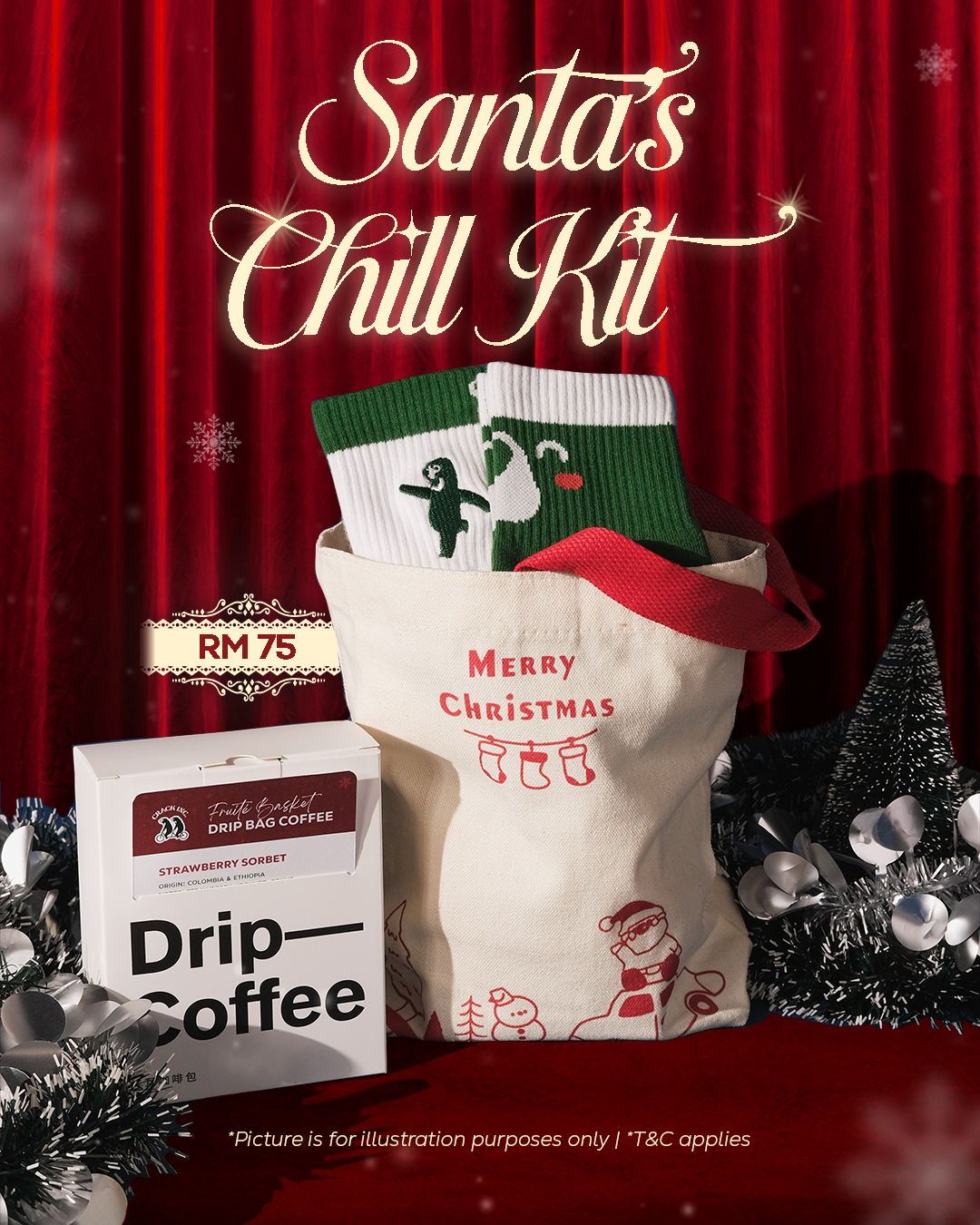 Santa's Chill Kit with coffee and socks against a red curtain background