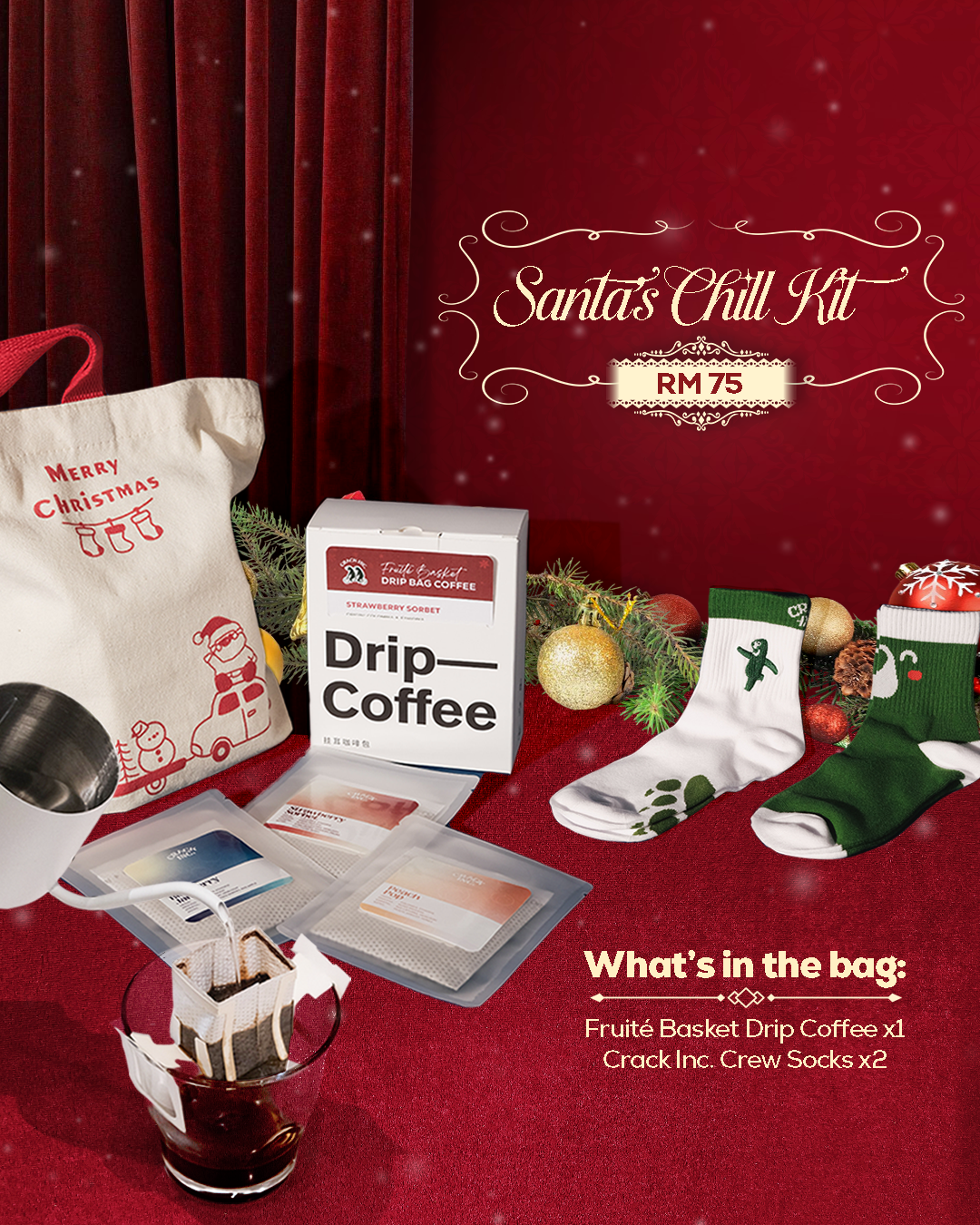 Santa's Chill Kit with coffee, socks, and a tote bag on a red background